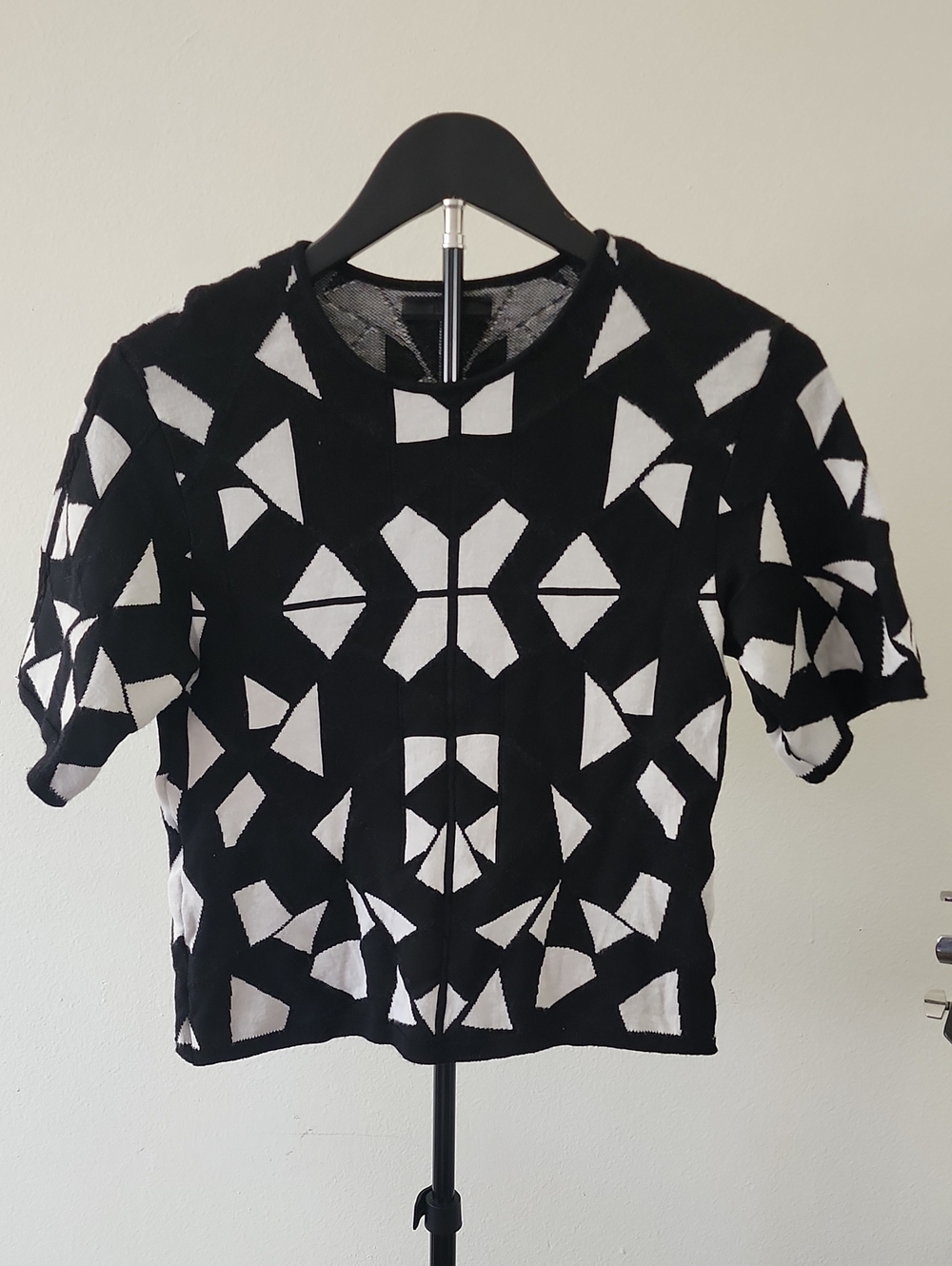 RVN Black Geometric Open Knit Cropped Top Made in USA